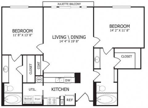 Floor plan for 2 beds, 2 baths, 1050 sqft